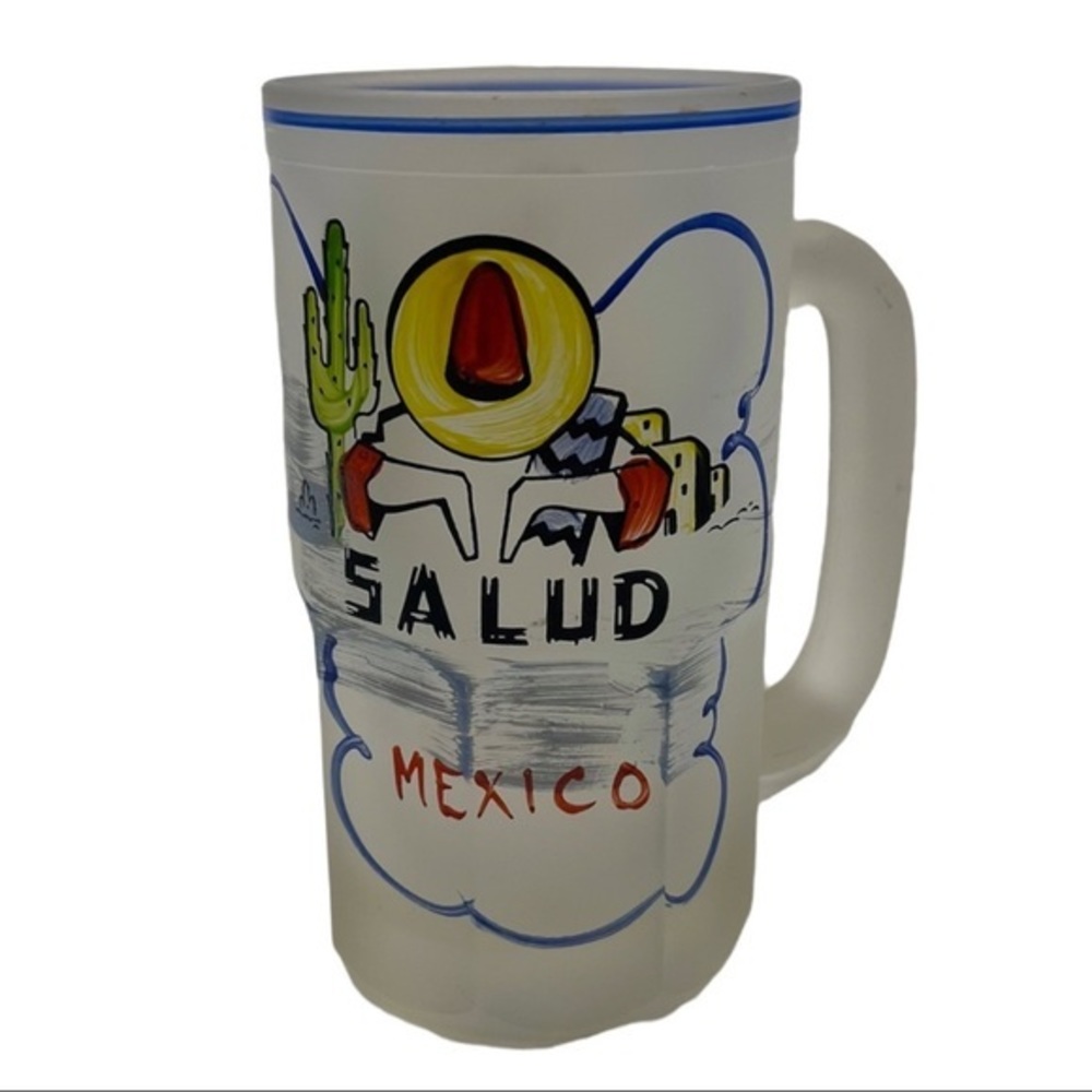 HAZEL ATLAS Vintage Gay Fad Frosted Glass Beer Mug Hand Painted Salud Mexico